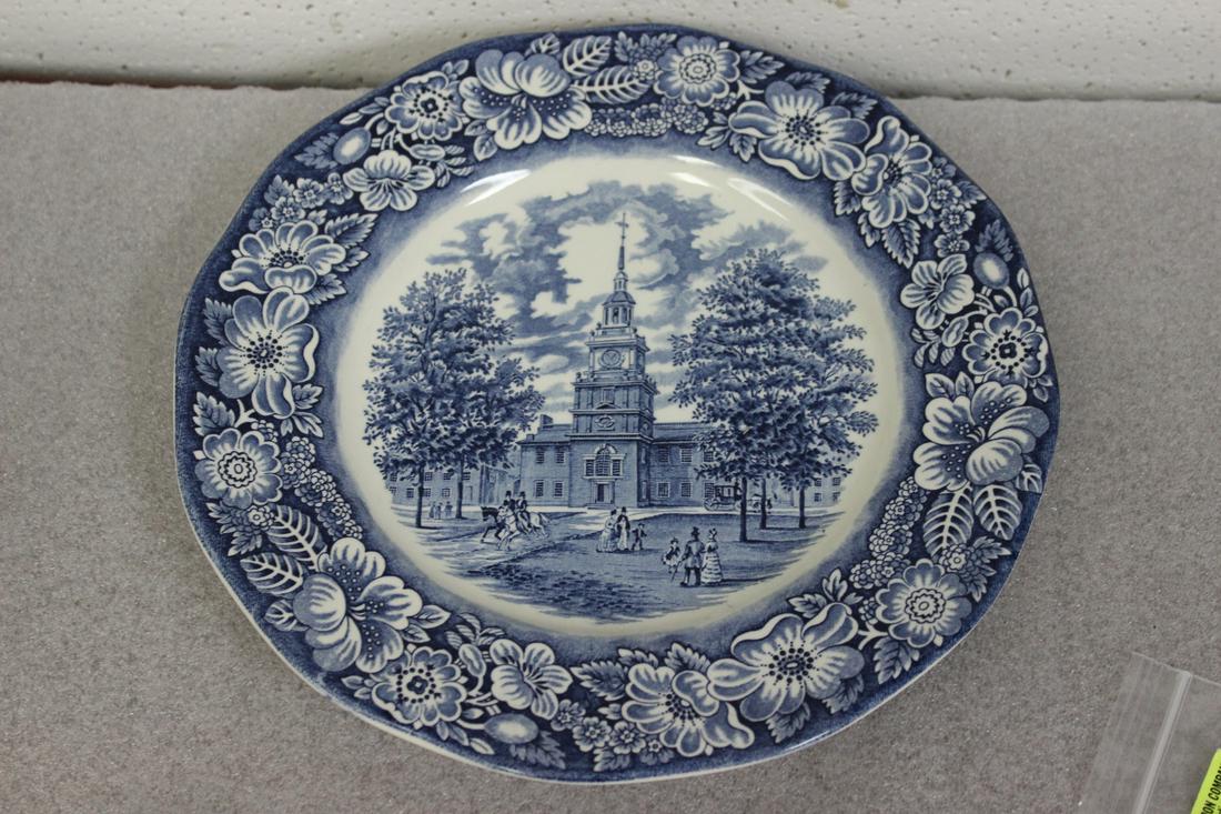 A Liberty Blue Ironstone Plate: Blue and white plate - independence hall - 10" in diameter