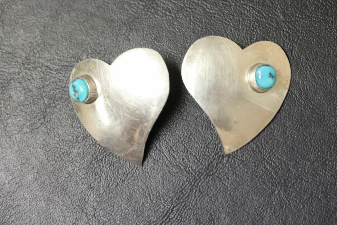 A Pair of Navajo and Torquise Earrings: Signed M. Begay (possibly Morris Begay) - great, simple design - no back