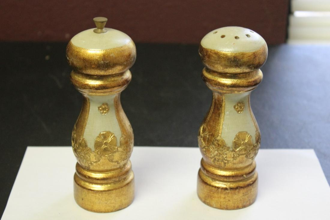 A Pair of Wooden Salt and Pepper Shaker: Pepper is a grinder - Gilt gold - Made in Italy - 6 1/2 inches tall