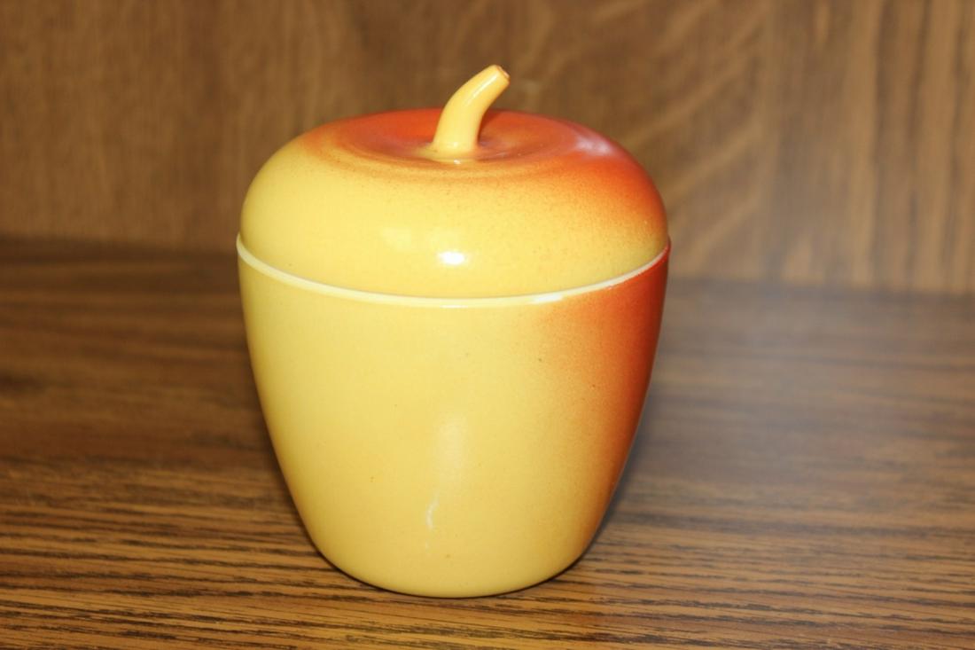 A Vintage Hagel Atlas Apple Shaped Container: 1950's to 1960's - for sugar or jelly - milk glass - 4" tall