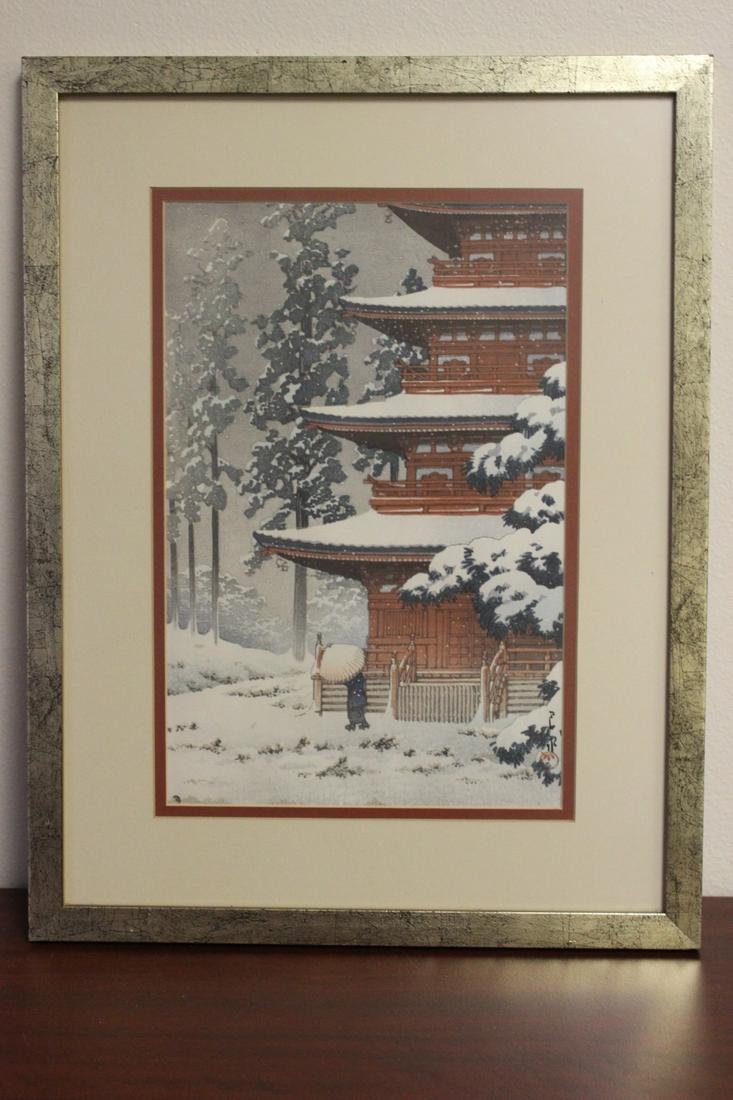 A Japanese Woodblock Print by Kawase Hasui: "Saisho Temple in Hirosaki" - measures= 20 1/2" x 16" in overall