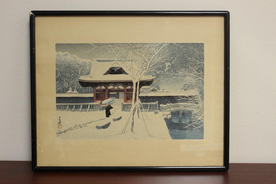 A Kawase Hasui Framed Woodblock Print: overall= 18 3/4" x 15"