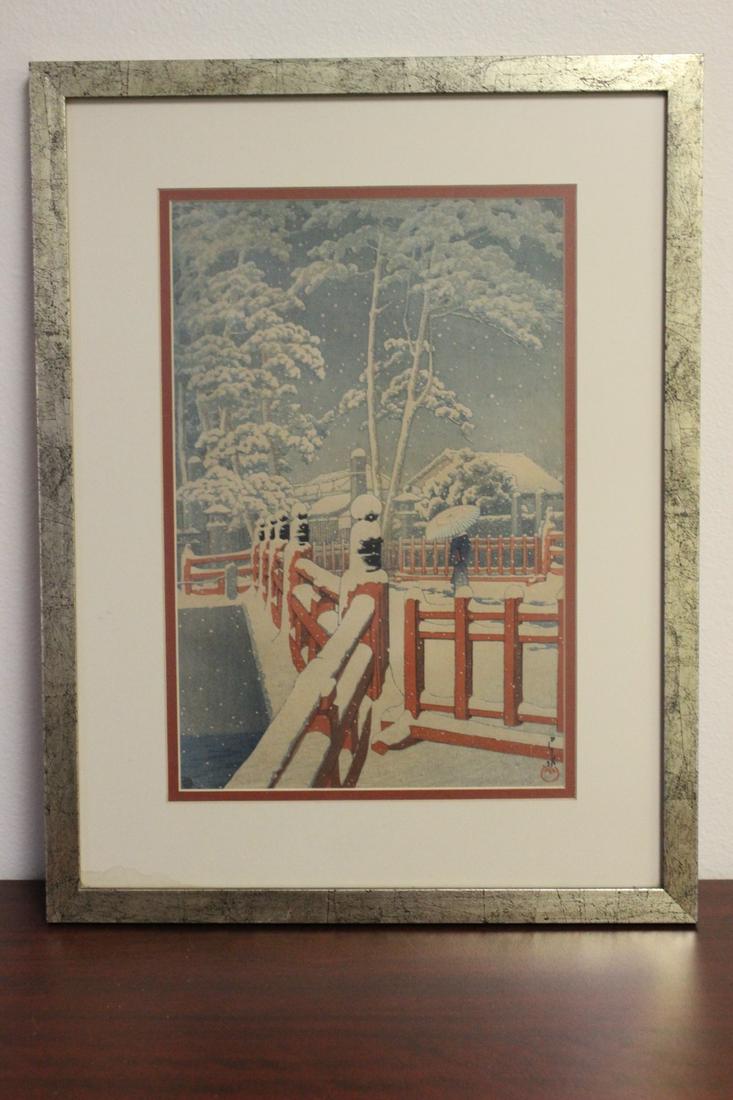 A Kawase Hasui Framed Woodblock Print: Yakumo Bridge at the Nagata Shrine" - overall= 20 1/2" x 16