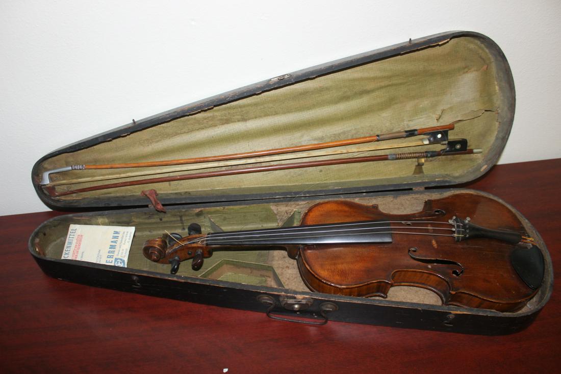 A Old Violin: with bow as found - 23 1/2" long - with case