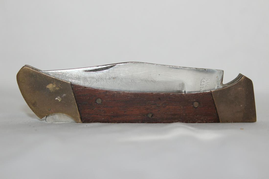 An Old Wood Handle Pocket Knife: 5" long when folded - 12 1/2" open