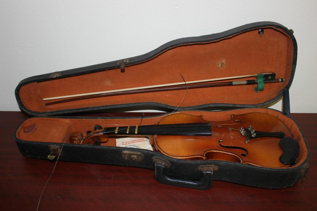 A Violin with Case: inside Mark Antonius Straduarius Schmidt, Germany - with bow - and bunch of paperwork - 22" long