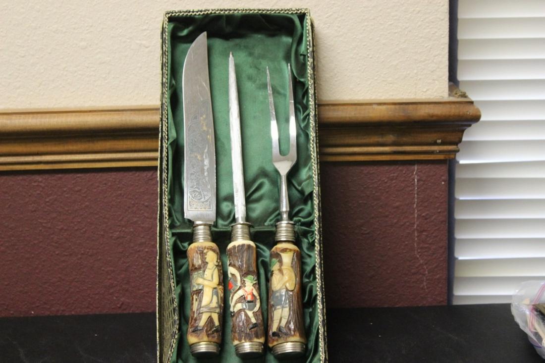 Set of 3 Solingen, Germany Carving Set: longest= 12 1/4"inches - most likely carved polychrome stag horn handles