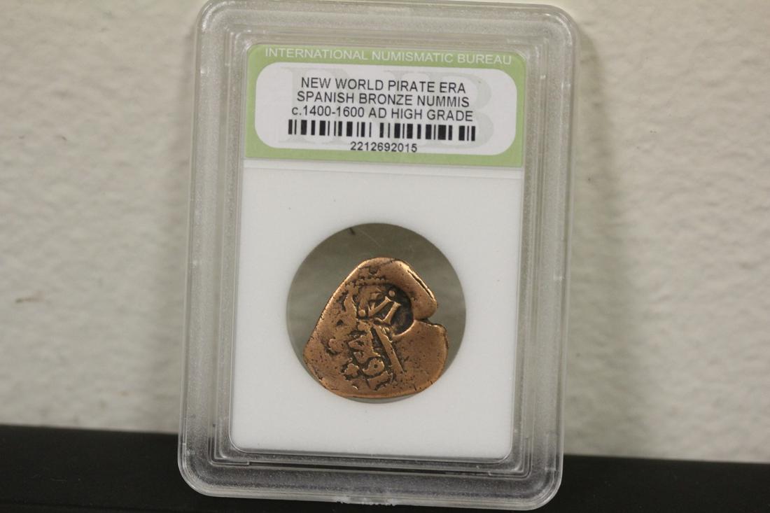 A Slabbed Spanish Bronze Nummis Coin: New World pirate era - c1400-1600 AD - high grade
