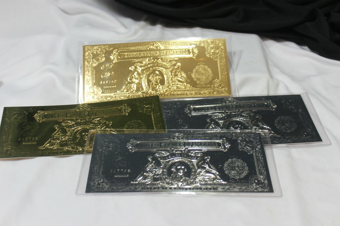 Lot of 4 Gold and Silver Guilted Paper Money: as shown