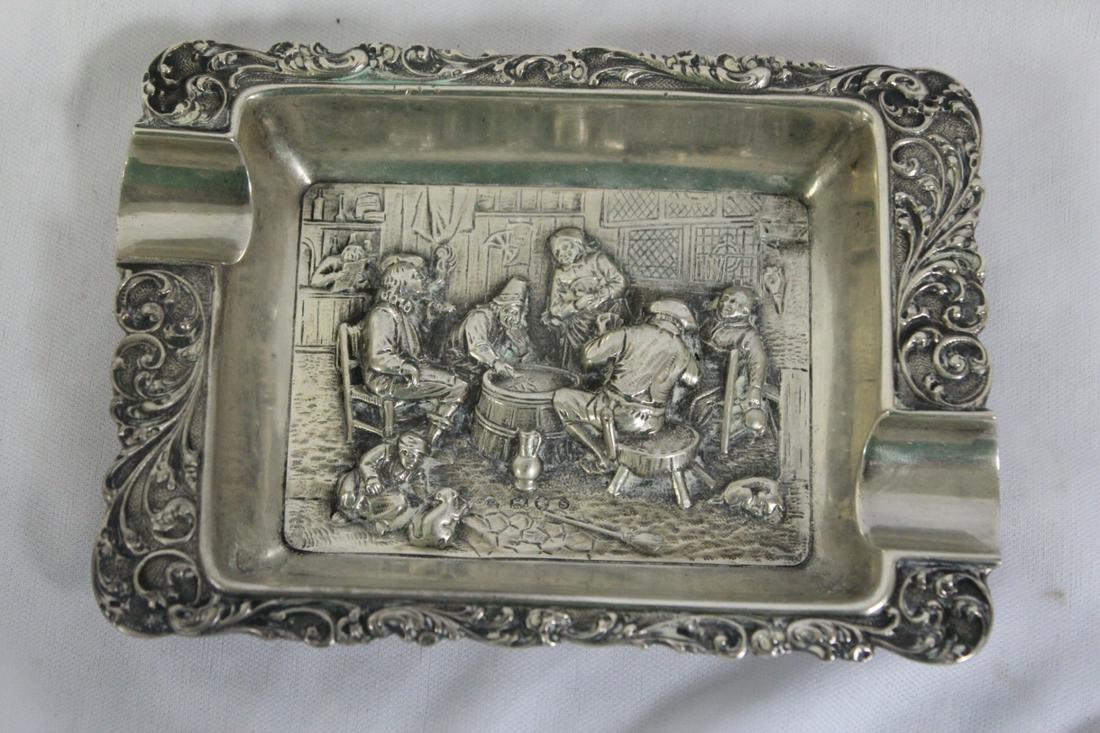 A Sterling or 800 Silver Dutch Repousse Ashtray: 5 1/8" x 3 1/4" - very ornate - early 1900's