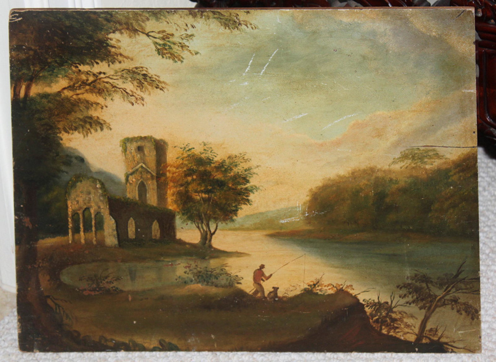 Antique 19th C Hudson River School Painting: Oil on board. Measures 19 3/8" x 14 3/8". Unframed.