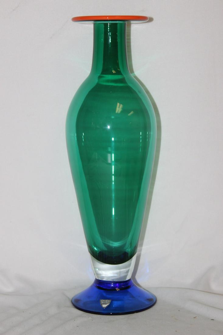 A Signed Orrefors Art Glass Vase: 13 inches tall