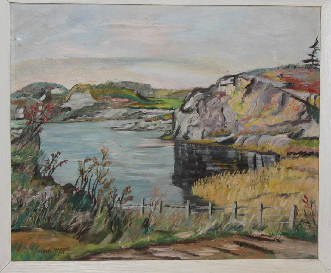 Oil on Board Painting Signed Marcus: American listed artist Isobel Marcus. Biography included. 31" x 27" overall.