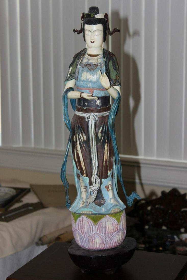 Antique Chinese Scrimshaw / Bone Polychrome Figure: Well carved bone/polychrome figure of a woman. Circa 20th C. Affixed to stand with glue. Measures 26 1/4" tall overall. - Note minor loss and splits due to age.