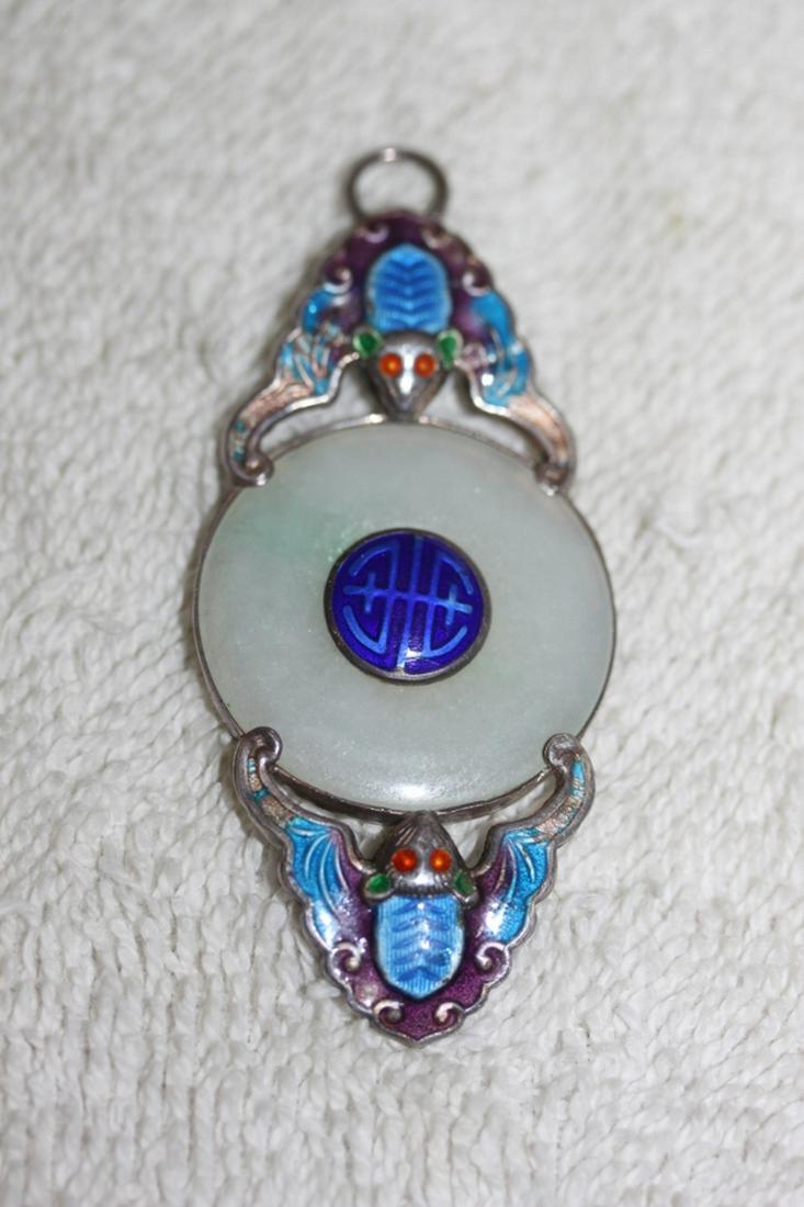 Antique Chinese Sterling Silver Enamel & White Jade: 2.75"Long
