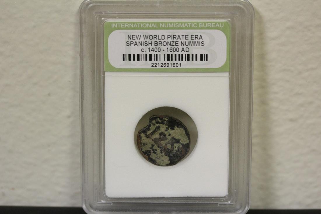 A Slabbed Spanish Bronze Nummis Coin: New World pirate era - c1400-1600 AD