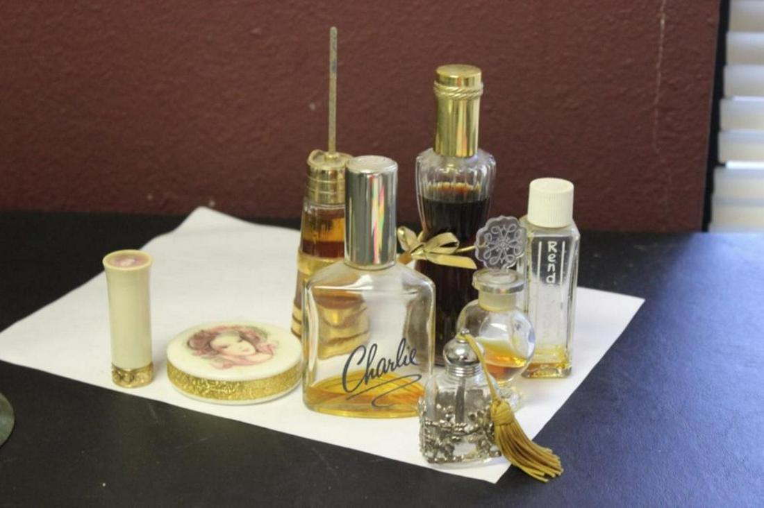 Lot of 6 Perfume Bottles: Plus Compacts and Lipstick - Tallest 6 3/4 inches tall. Still have some parfumes in it.