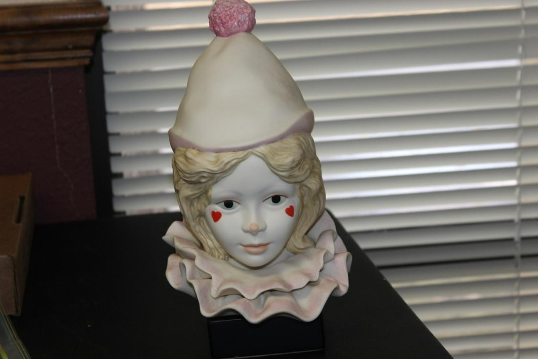 A Cybis Valentine Funny Face Clown: Vera rare - on wood stand - 10 1/4" tall