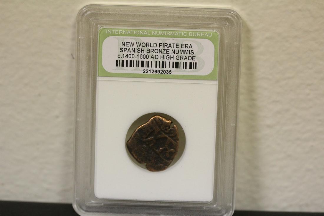 A Slabbed Spanish Bronze Nummis Coin: New World pirate era - c1400-1600 AD - high grade