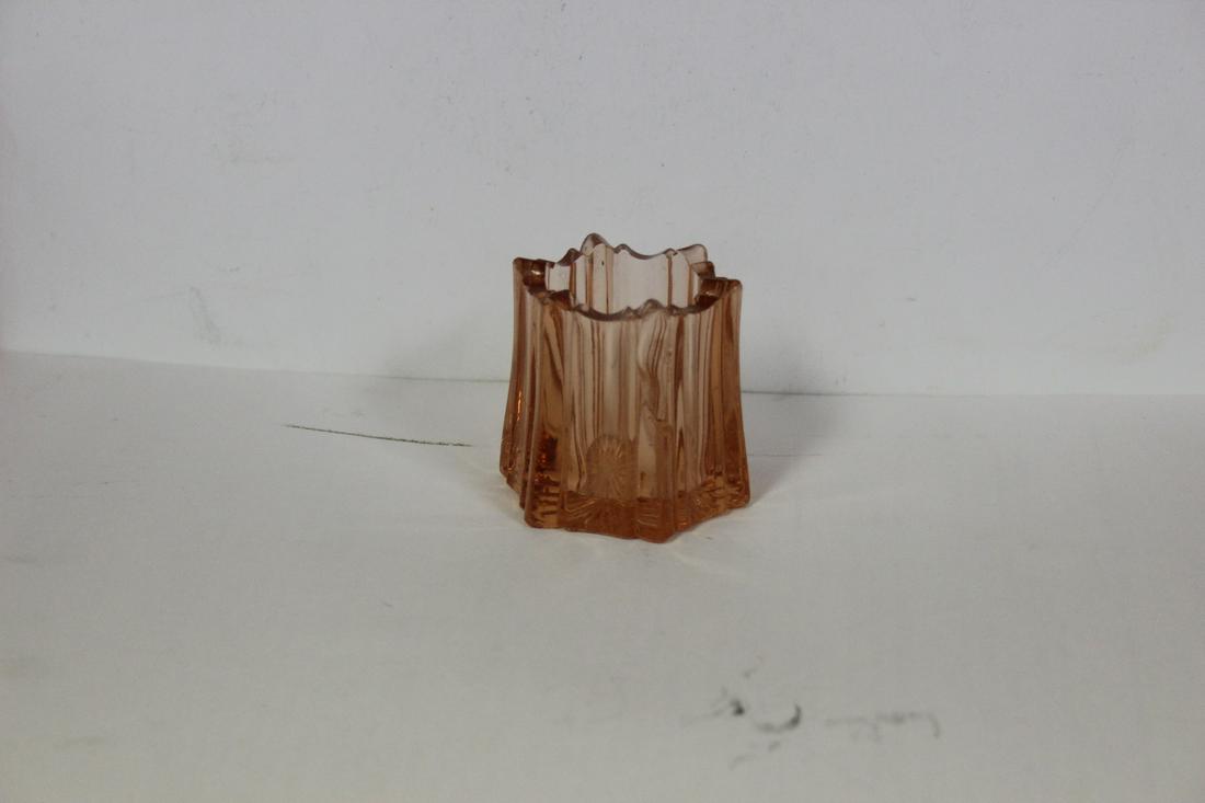 A Pink Depression Glass Toothpick Holder: 2 1/4" tall