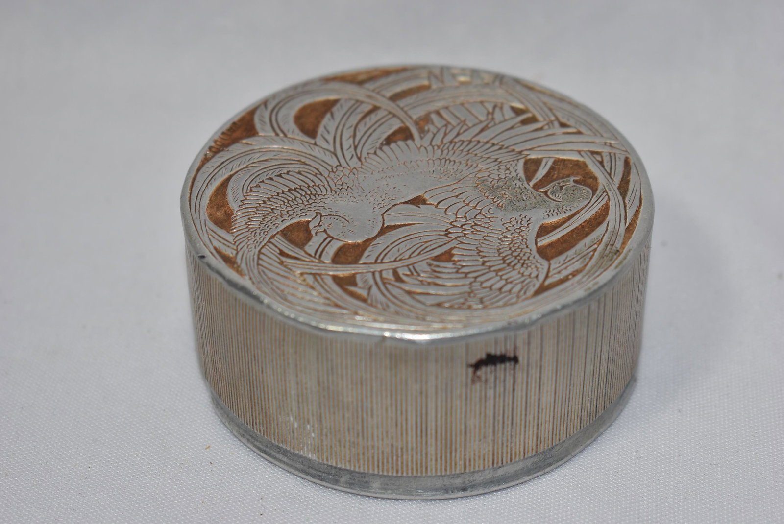 Rene Lalique Powder Box: Birds of Paradise - aluminum powder box - Roger Et gallet, Paris - 3 inches in diameter