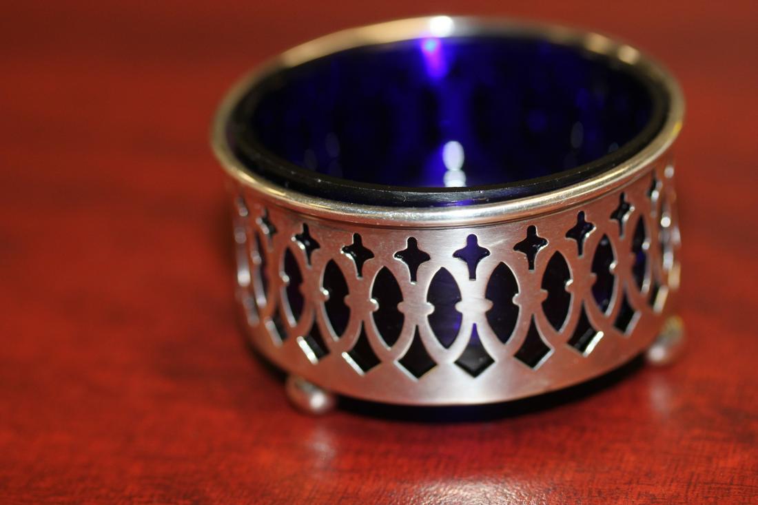 Antique Reticulated Cobalt Glass Salt Dip: sterling birks of Canada open salt dip - 2 inches in diameter