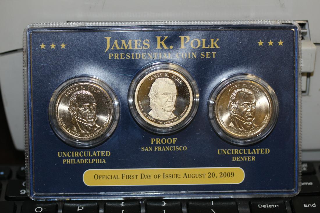 A James K. Polk Presidential Coin Set: middle coin is proof