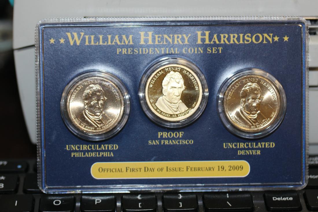 A William Henry Harrison Presidential Coin Set: middle coin is proof