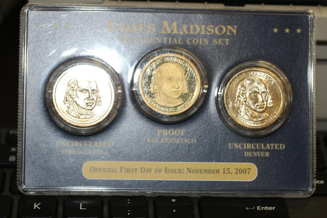 A James Madison Presidential Coin Set: middle coin is proof