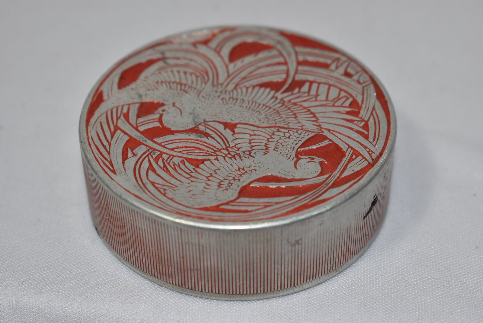 Rene Lalique Powder Box: Birds of Paradise - aluminum powder box - Roger Et gallet, Paris - 3 inches in diameter