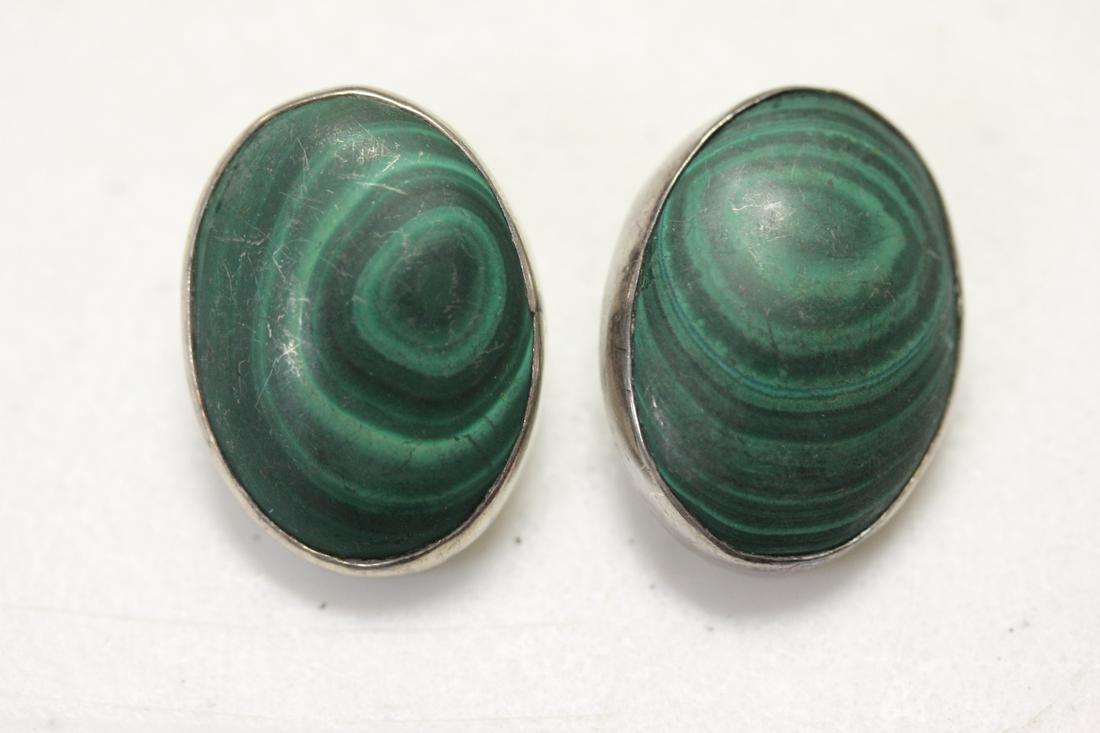 A Pair of Sterling and Possibly Malachite Earrings: as shown