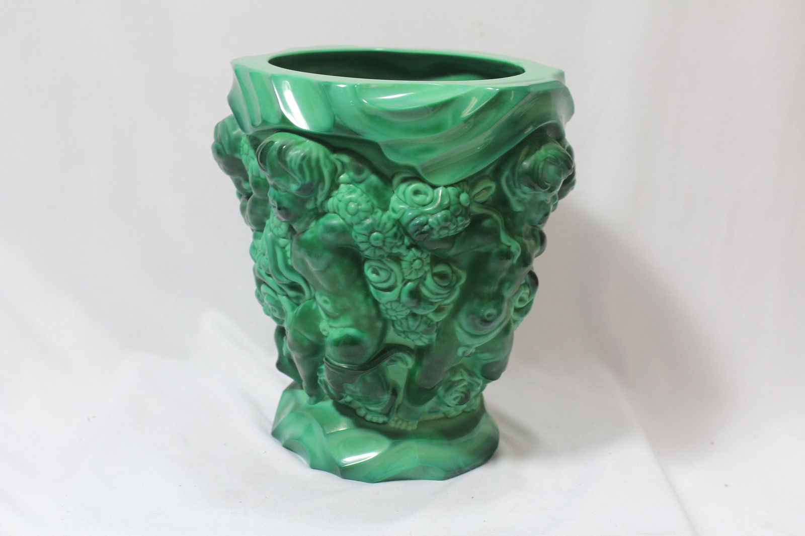 A Malachite Czech Bohemian Glass Vase: please note: one small nick on top - 7 1/2" tall
