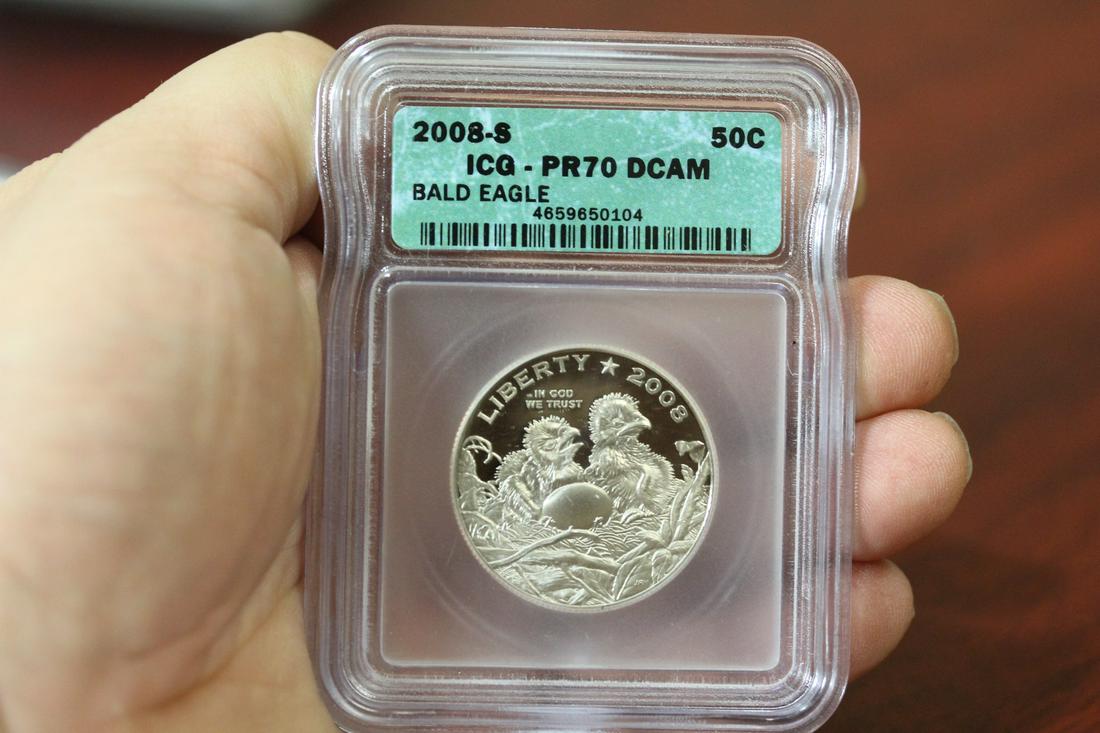 An ICG Graded 2008-S Bald Eagle Half Dollar Coin: PR70 DCAM