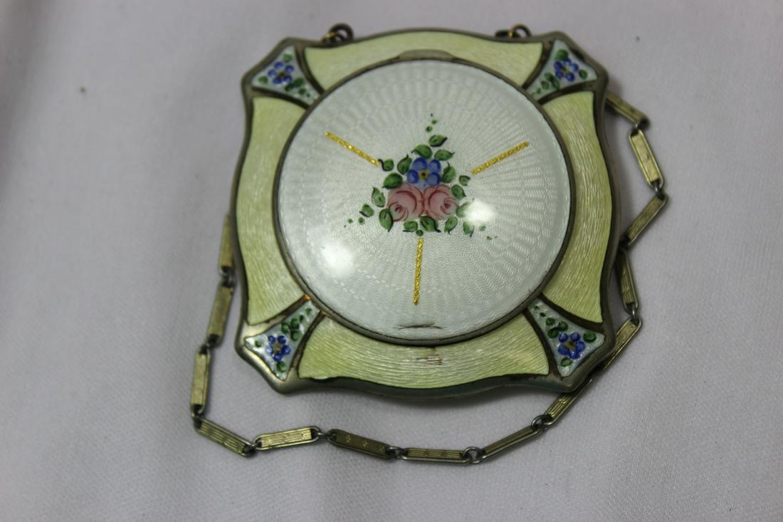 A Vintage Guilloche Enamel Powder Compact: please note: a couple of defects, as shown - 2 3/8" In diameter