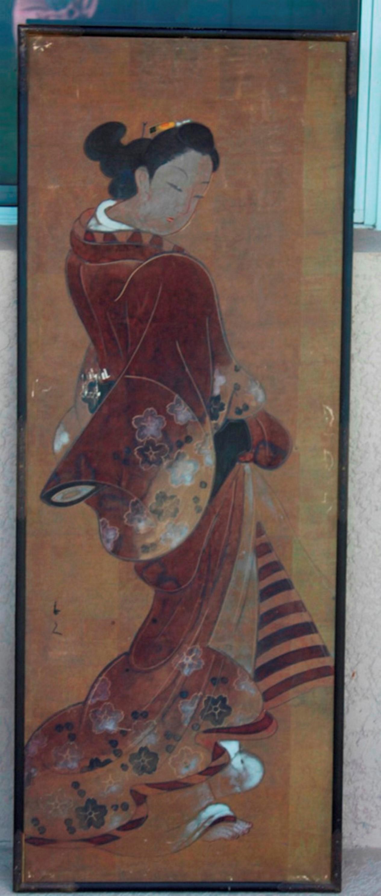 Antique Japanese Painting on Paper of Young Beauty: Oil on paper. Sight size 47" x 17 1/2". Signed lower left. Some scattered abrasions. Circa 19th / 20th century. Signature is possibly Franco Alcomero.