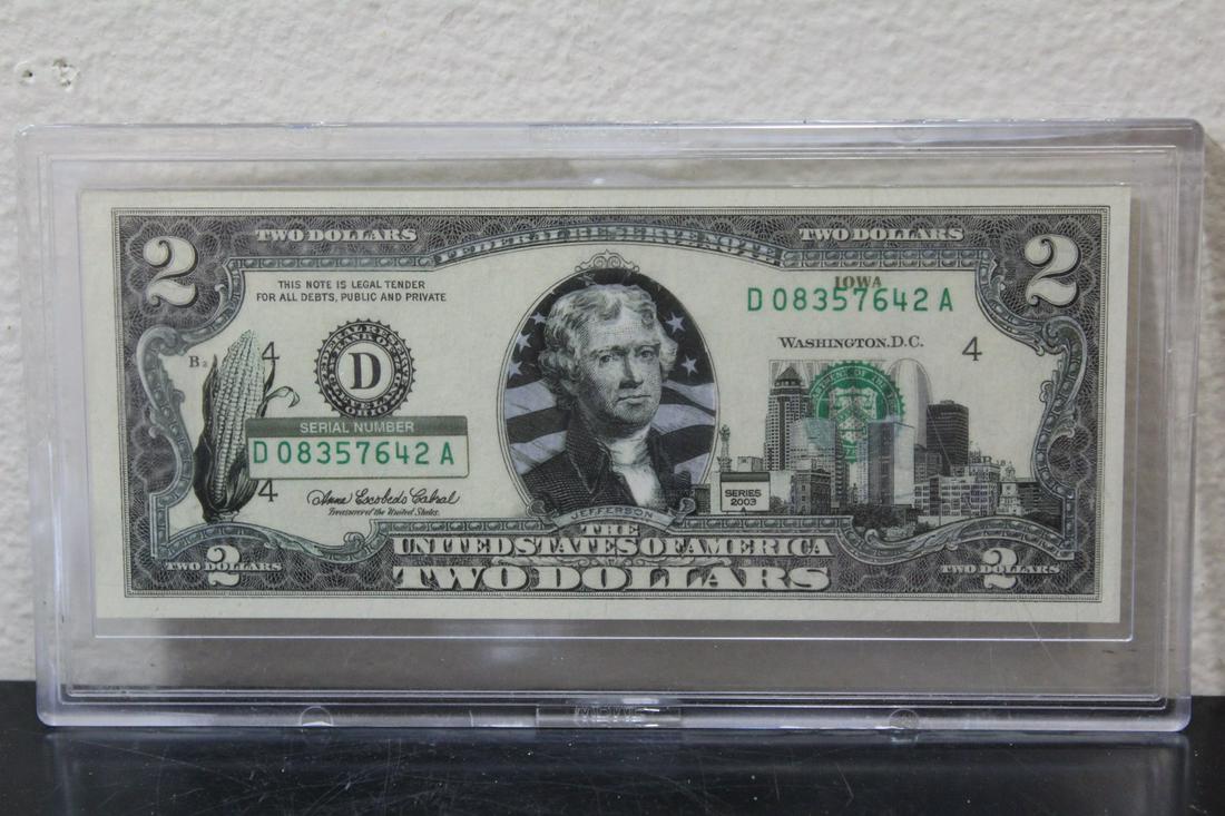 A Cased Iowa 2003 Two Dollar Note: as shown