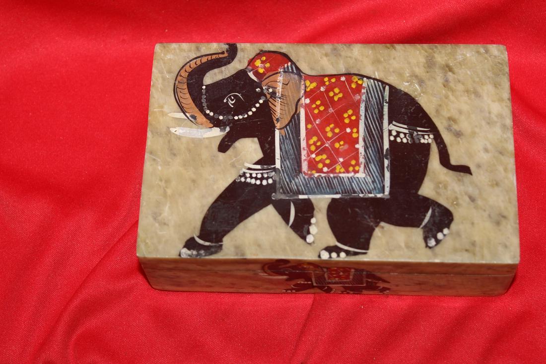 A Stone Elephant Box: 6" x 4" x 1 5/8" - please note: some paintthinning due to age