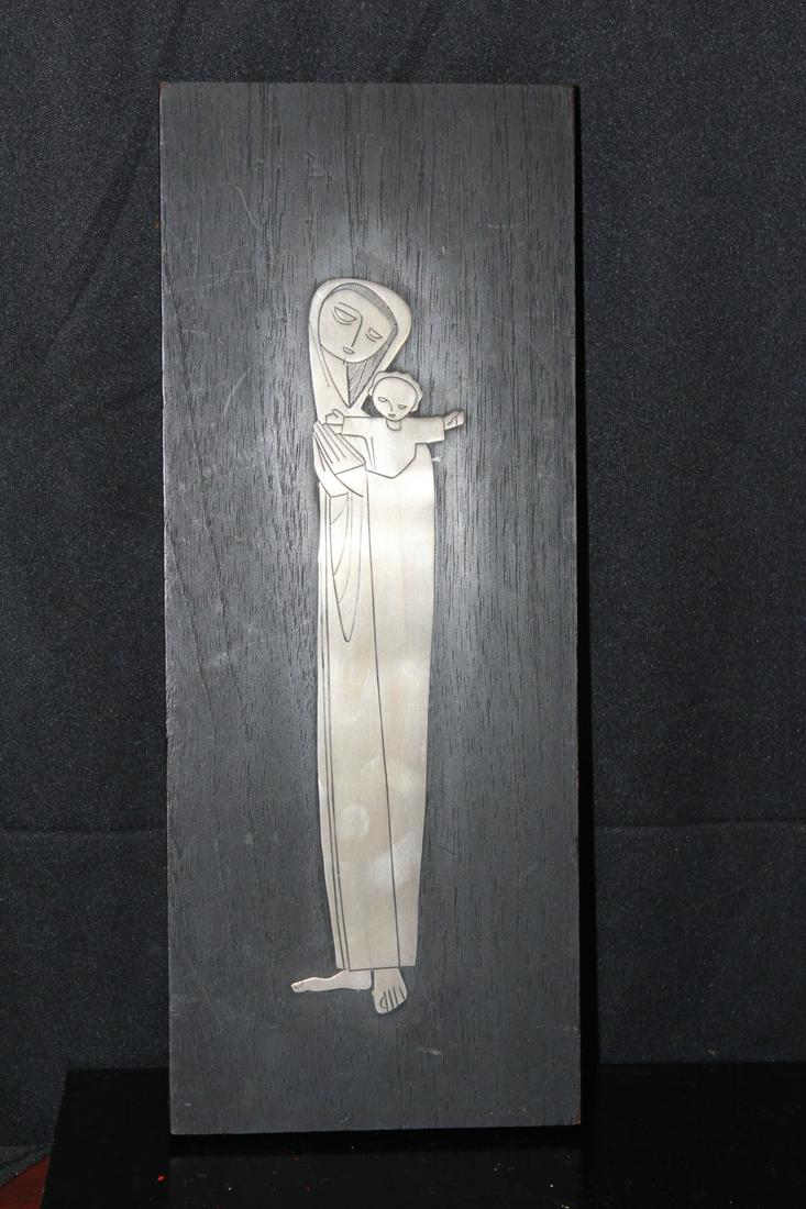 A Sterling on Wood Madonna and Child Plaque: marked sterling on back - mid century modern - 12" x 4 3/4"