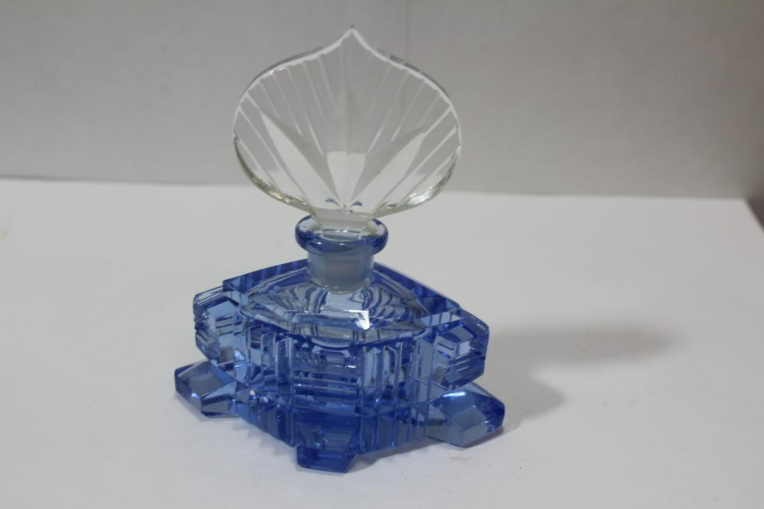 A Blue Cut Glass Perfume Bottle: 5" tall