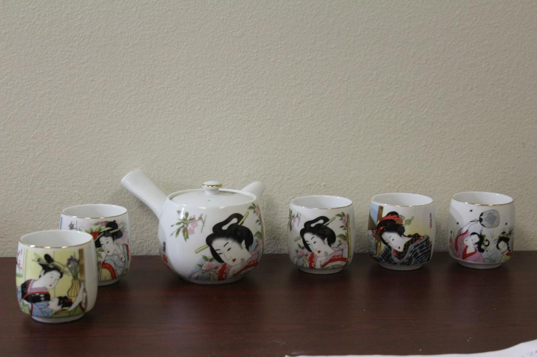 A Set of 6 Japanese Tea Set: with cups - widest= 6 1/4" across