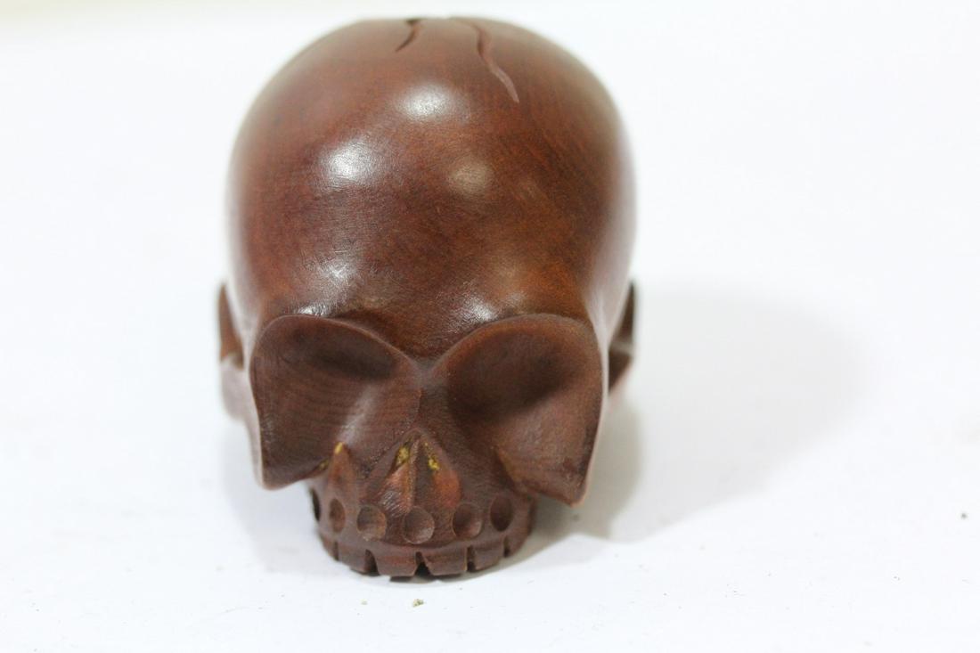 A Signed Japanese Wooden Skull Netsuke: 2" wide