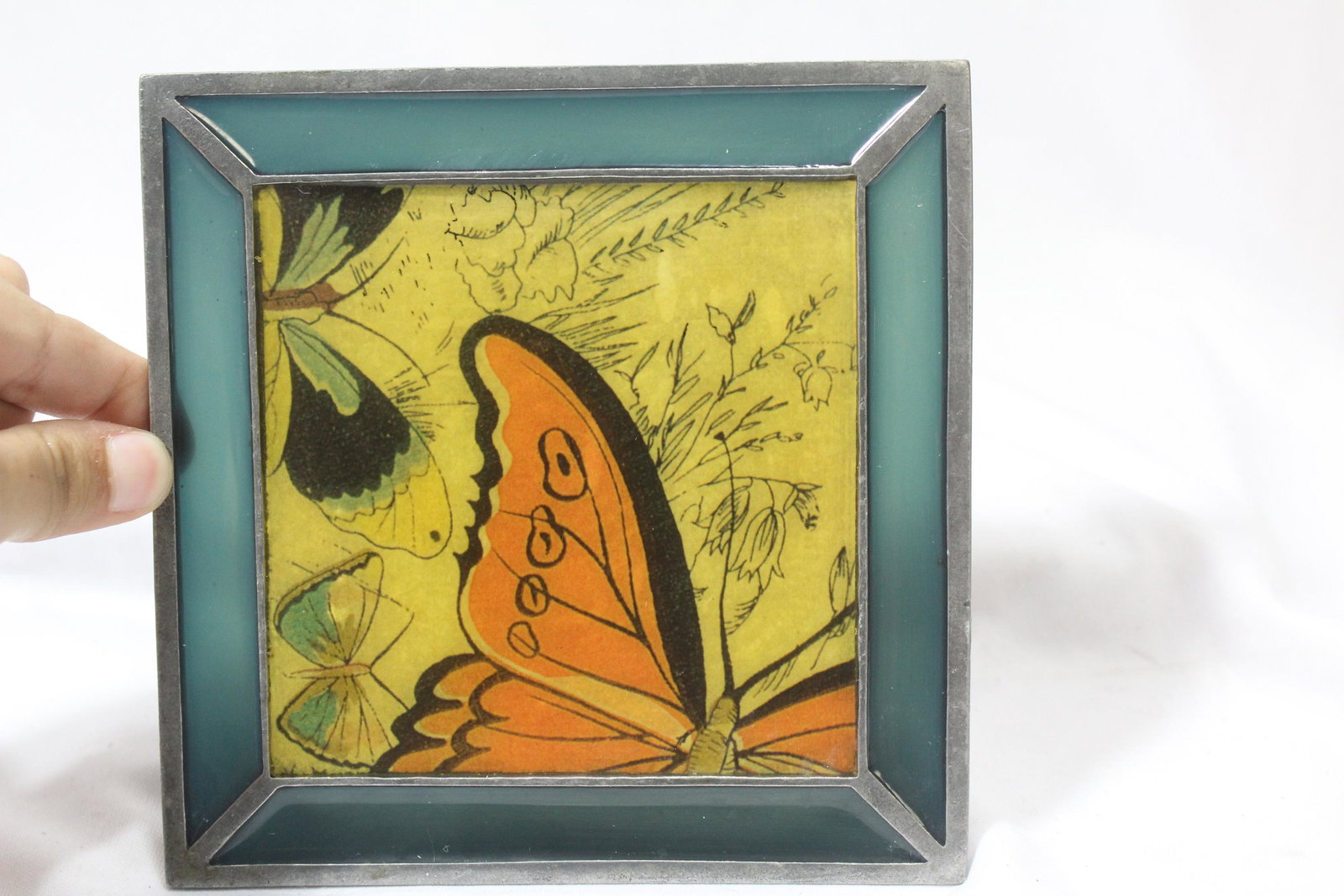 A Decorative Enamel Tray Small Table: 5 5/8" square