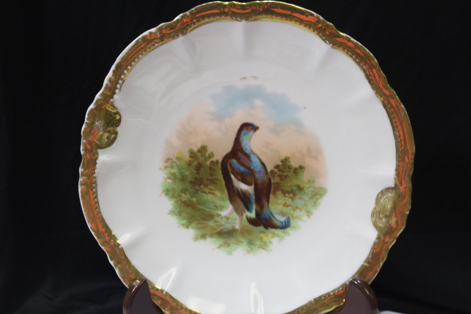A Bavarian Bird Plate: please note: worn - 9 inches in diameter