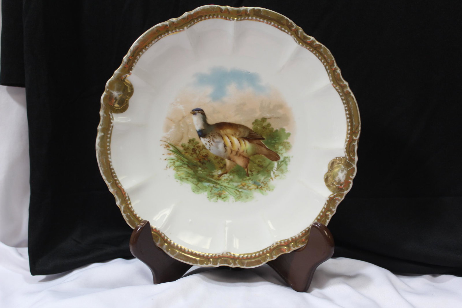A Bavarian Bird Plate: please note: worn - 9 inches in diameter