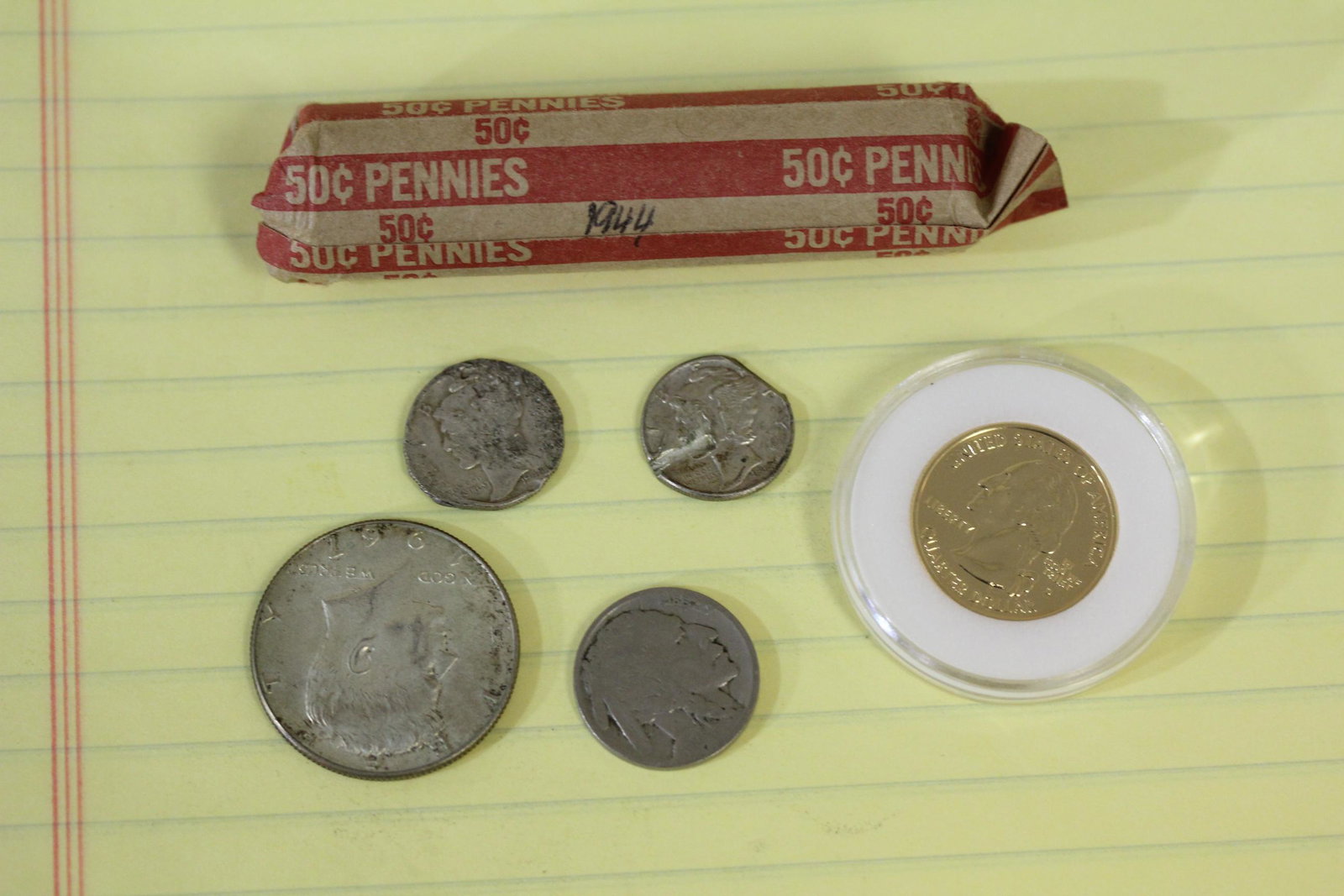 Lot of Miscellenious Coins: 2 beat up Mercury Dimes - buffalo nickel - gold plated quarter - a 40% silver Kennedy half - and a roll of wheat cents
