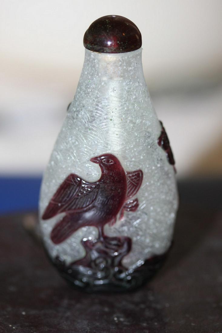 Antique/Vintage Chinese Peking Glass snuff Bottle: "Snow Storm" pattern, probably early 20th century. 2 3/4" tall including jade stopper. Unsigned.
