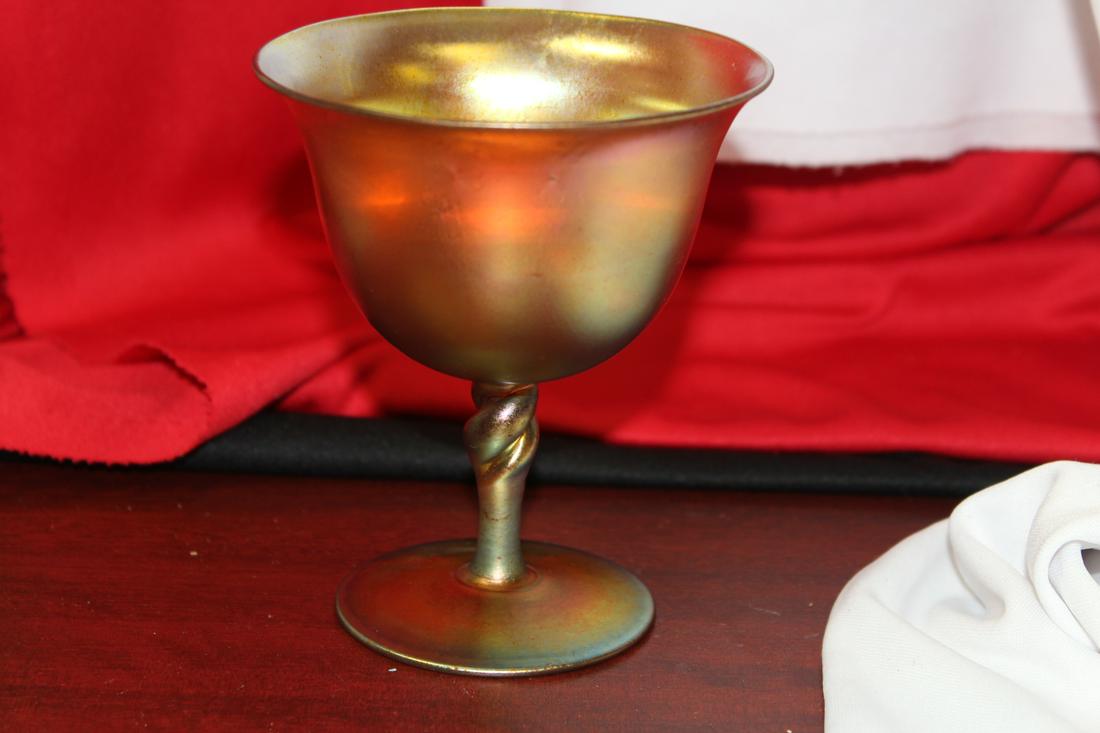 A Steuben Iridescent Twisted Stem Wine Goblet: Gold Aurene #2361 - 4 1/2" tall