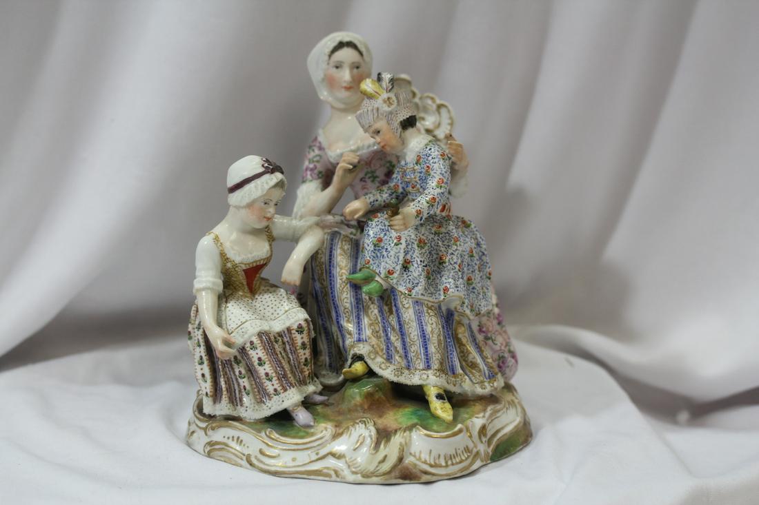 A Meissen Figurine Grouping: 6 1/2" tall - please note: base has been restored - original Meissen mark probably gone during damage, or possibly underneath the restoration - new mark has been handpanited back on - still a very des