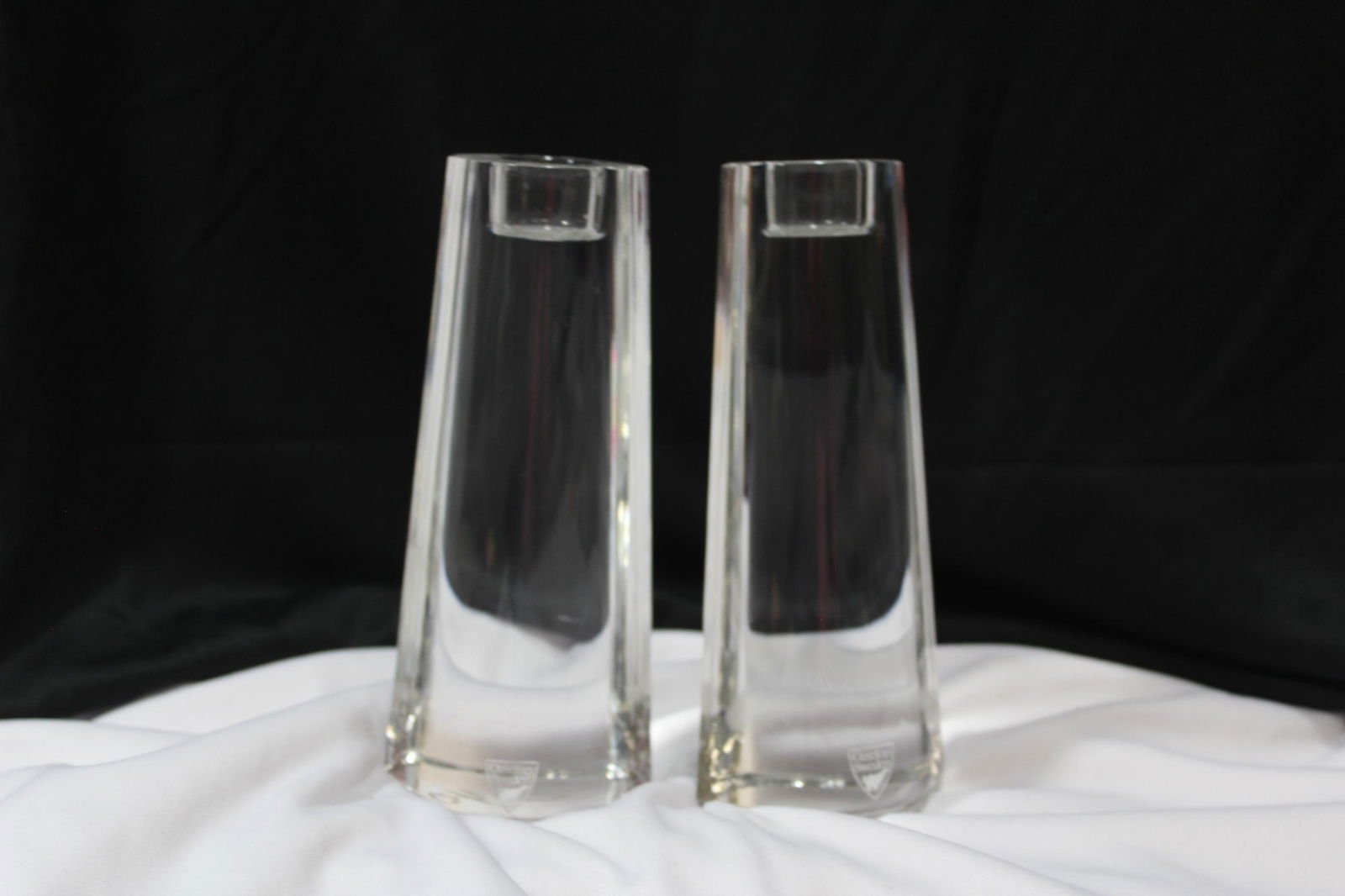 A signed Swedish Orrefors Pair of Candle Sticks: 6 1/4" tall each