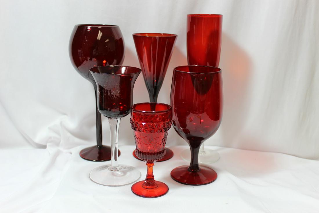 Lot of Six Ruby Red Glass Stem Goblets: tallest= 10" tall